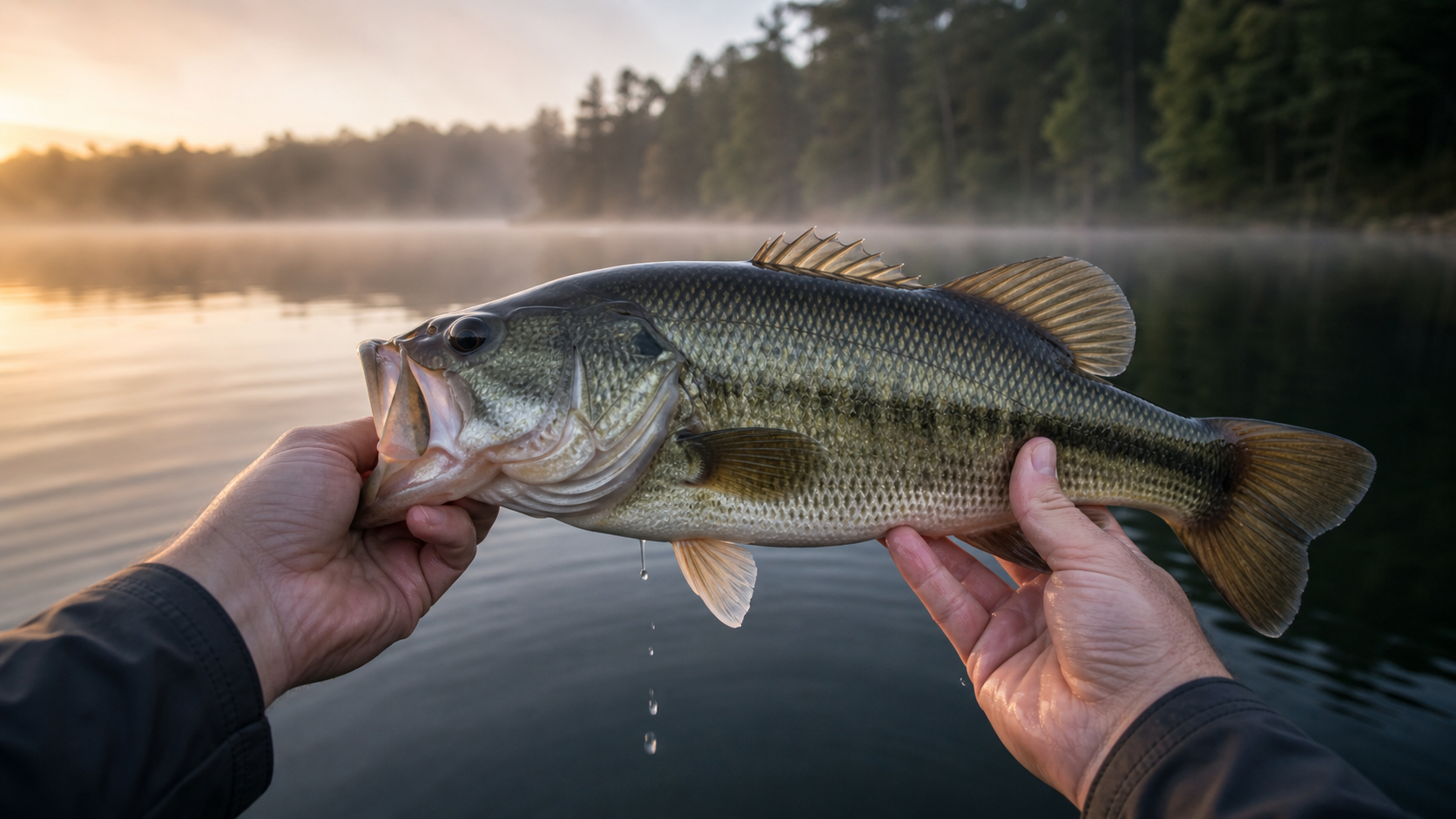 Largemouth bass held above a lake